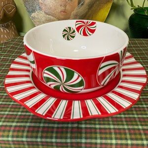 Pier 1 peppermint candy Christmas soup/ ramen/ cereal bowl and plate (H)